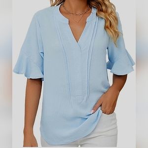 New Womens Ruffle Bell Sleeve Tops V Neck Short Sleeve Tunic Blouse Medium
